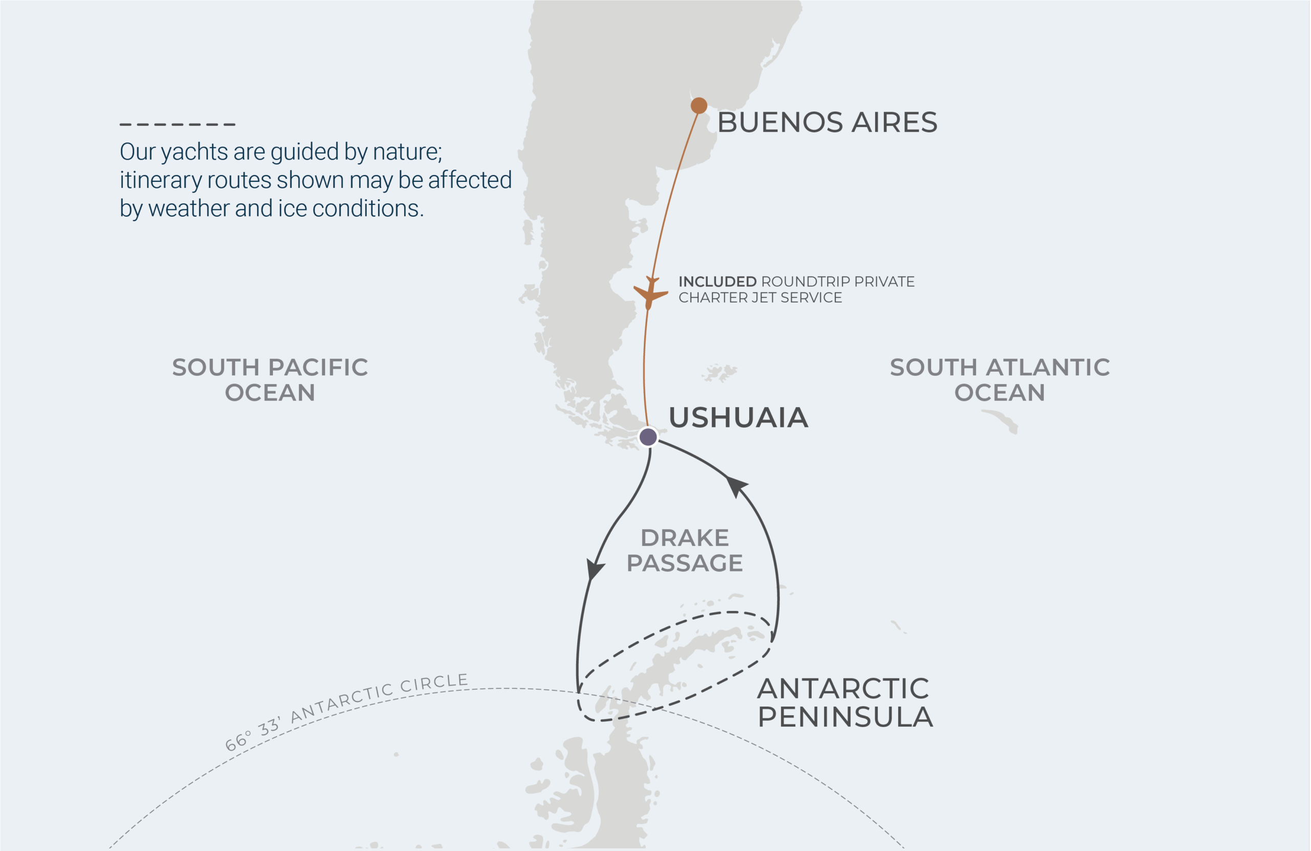 Official Atlas route map: Buenos Aires charter flight to Ushuaia, Drake Passage and Antarctic Peninsula
