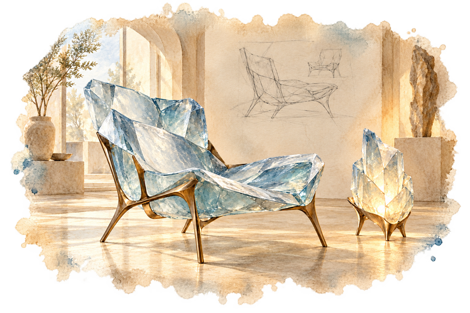 Illustrative design concept: a sculptural lounge chair and luminaire inspired by fractured ice
